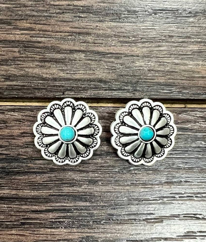 Turquoise  Brass Concho Stud Earrings