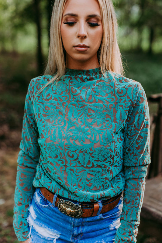 Turquoise Tooled Leather Mesh Top