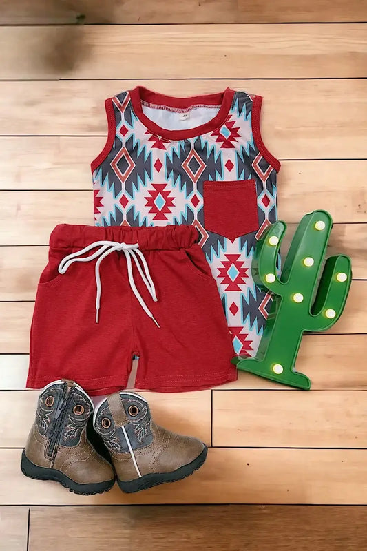 LITTLE COUNTRY KID BURGUNDY AZTEC TANK TOP & SHORT SET