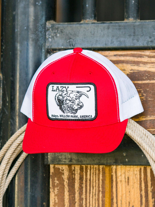 Lazy J Ranch Red & White Willow Cattle Headquarters Mid Profile Trucker Hat