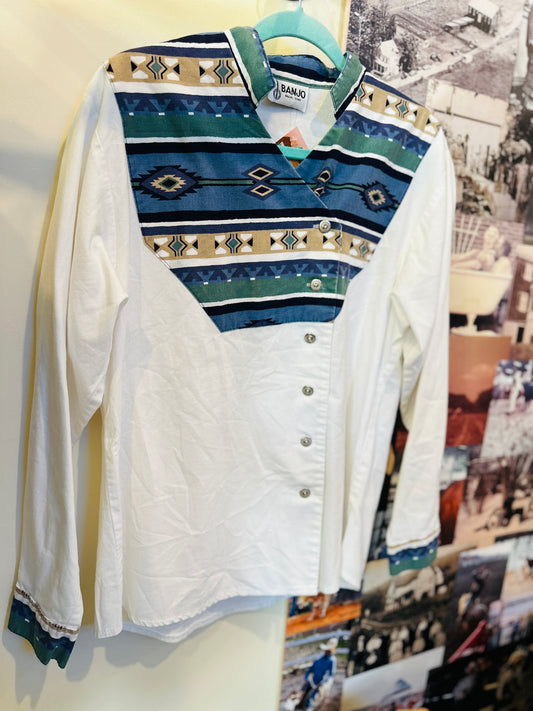 Vintage Banjo Aztec Cowboy Shirt Button Down SIZE LARGE