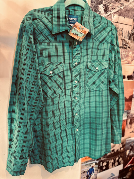 Vintage Wrangler Teal Plaid Long Sleeve Pearl Snap SIZE MEDIUM