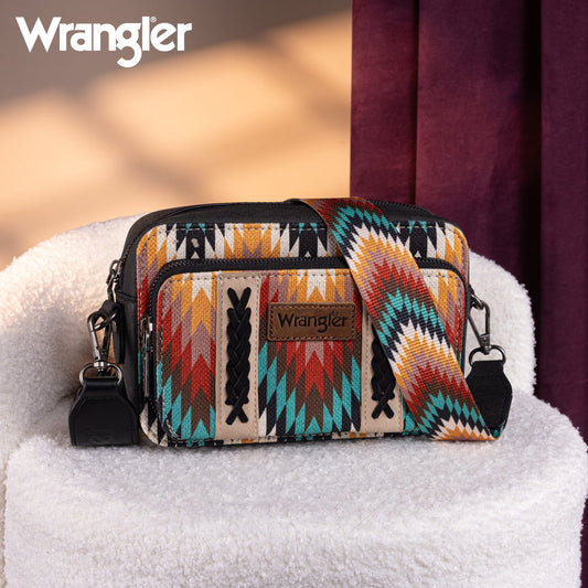 Wrangler Southwestern Pattern Dual Sided Print Crossbody Purse With Wallet Compartment - Black