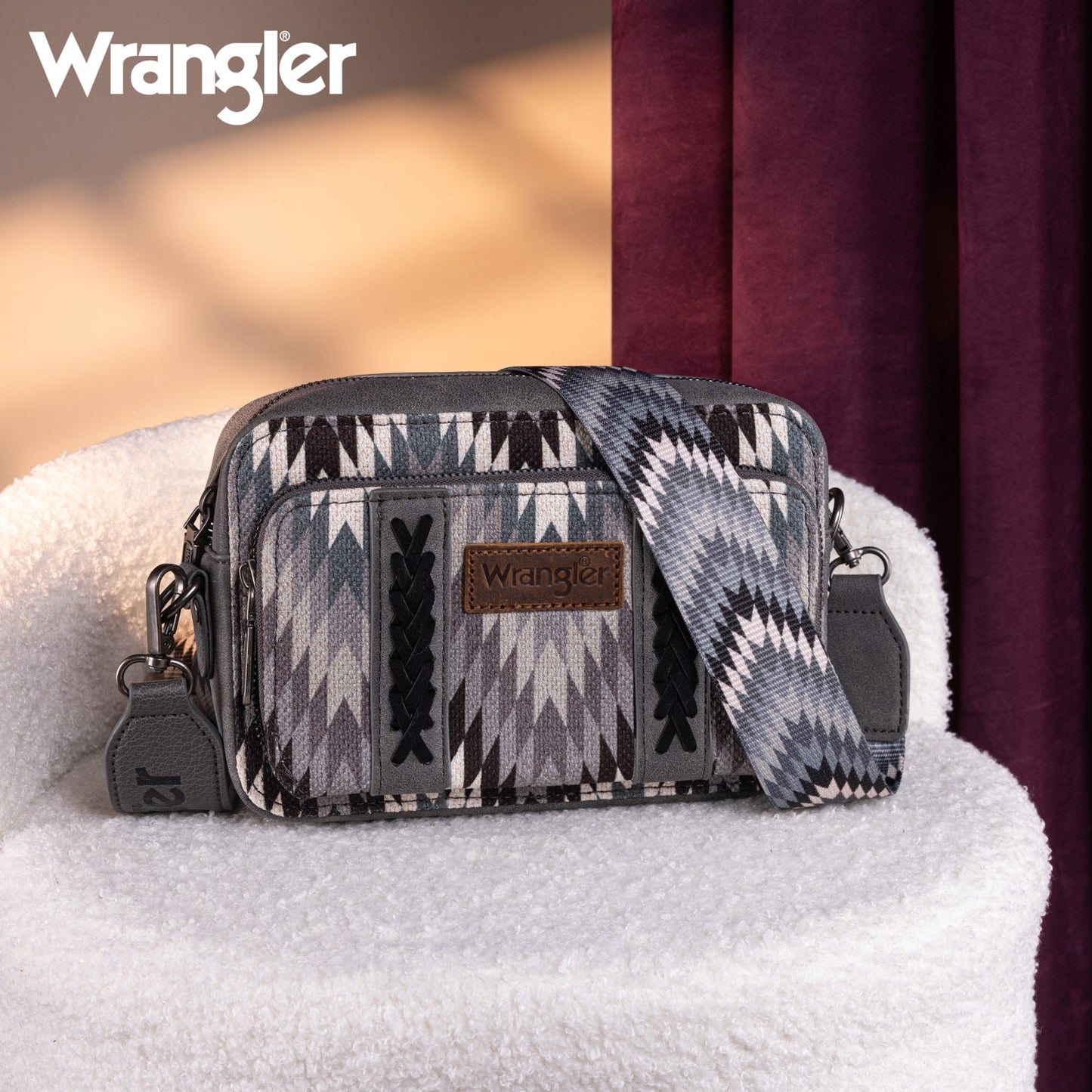 Wrangler Southwestern Pattern Dual Sided Print Crossbody Purse With Wallet Compartment - Grey