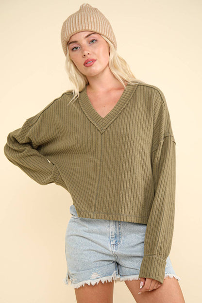 Olive V Neck Knit Top