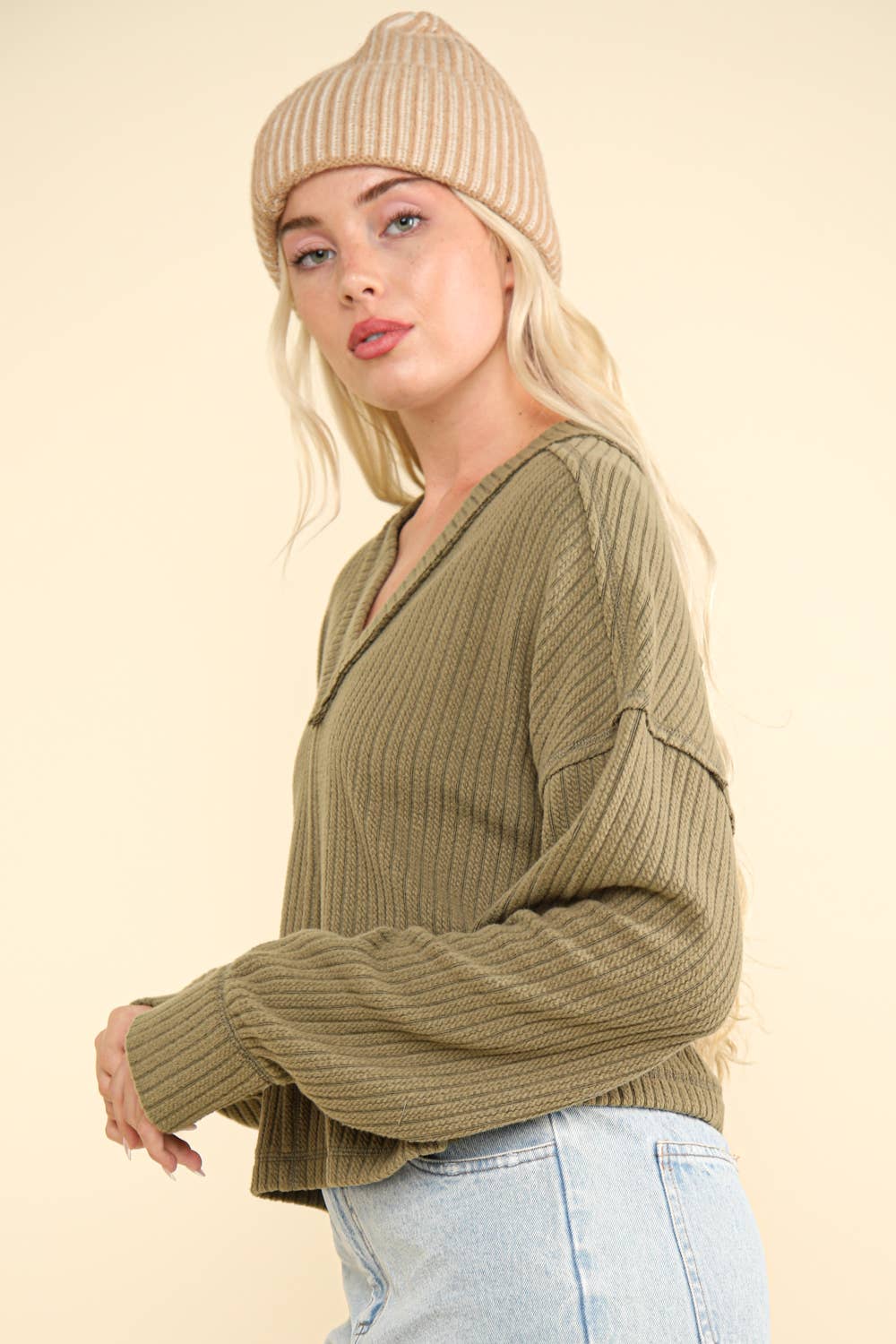 Olive V Neck Knit Top