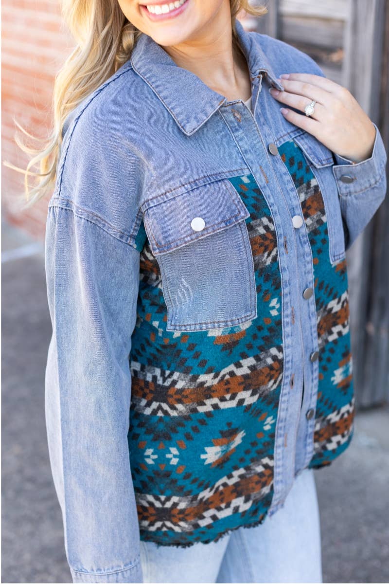 DENIM  WHIT WESTERN AZTEC JACKET BLUE