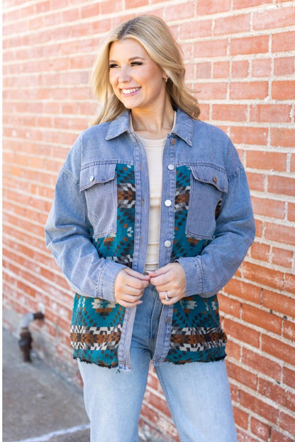 DENIM  WHIT WESTERN AZTEC JACKET BLUE