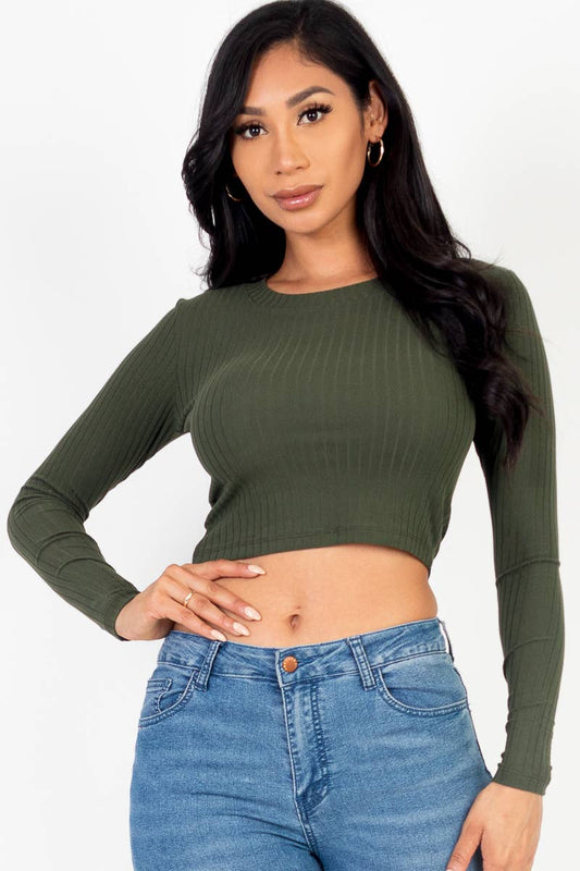 Long Sleeve Round Neck Basic Ribbed Crop Top