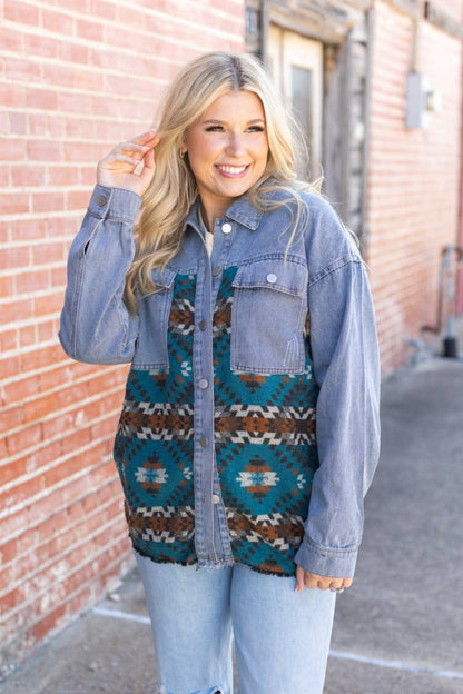 DENIM  WHIT WESTERN AZTEC JACKET BLUE