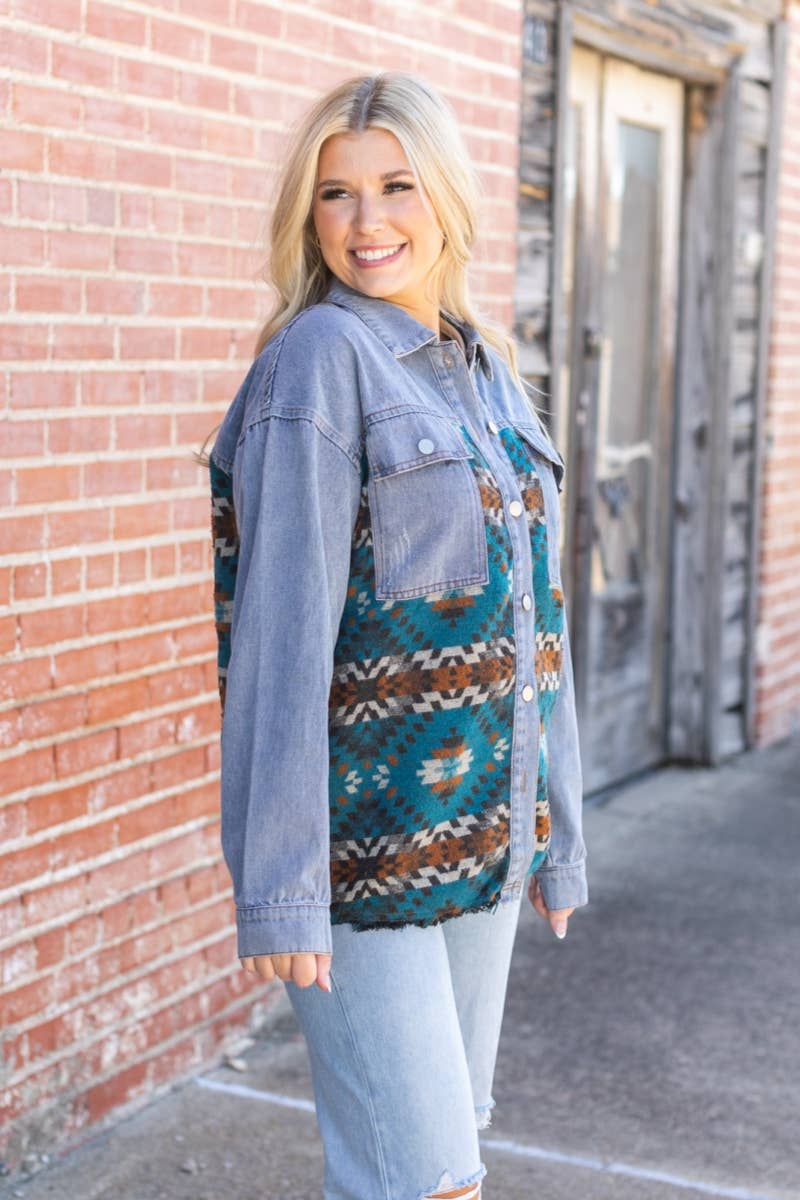 DENIM  WHIT WESTERN AZTEC JACKET BLUE