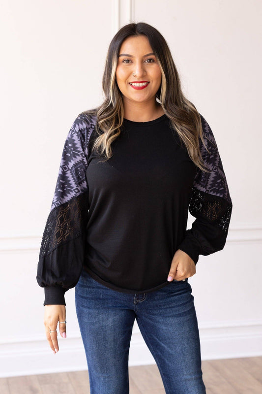 Aztec Lace Puff Sleeve Top