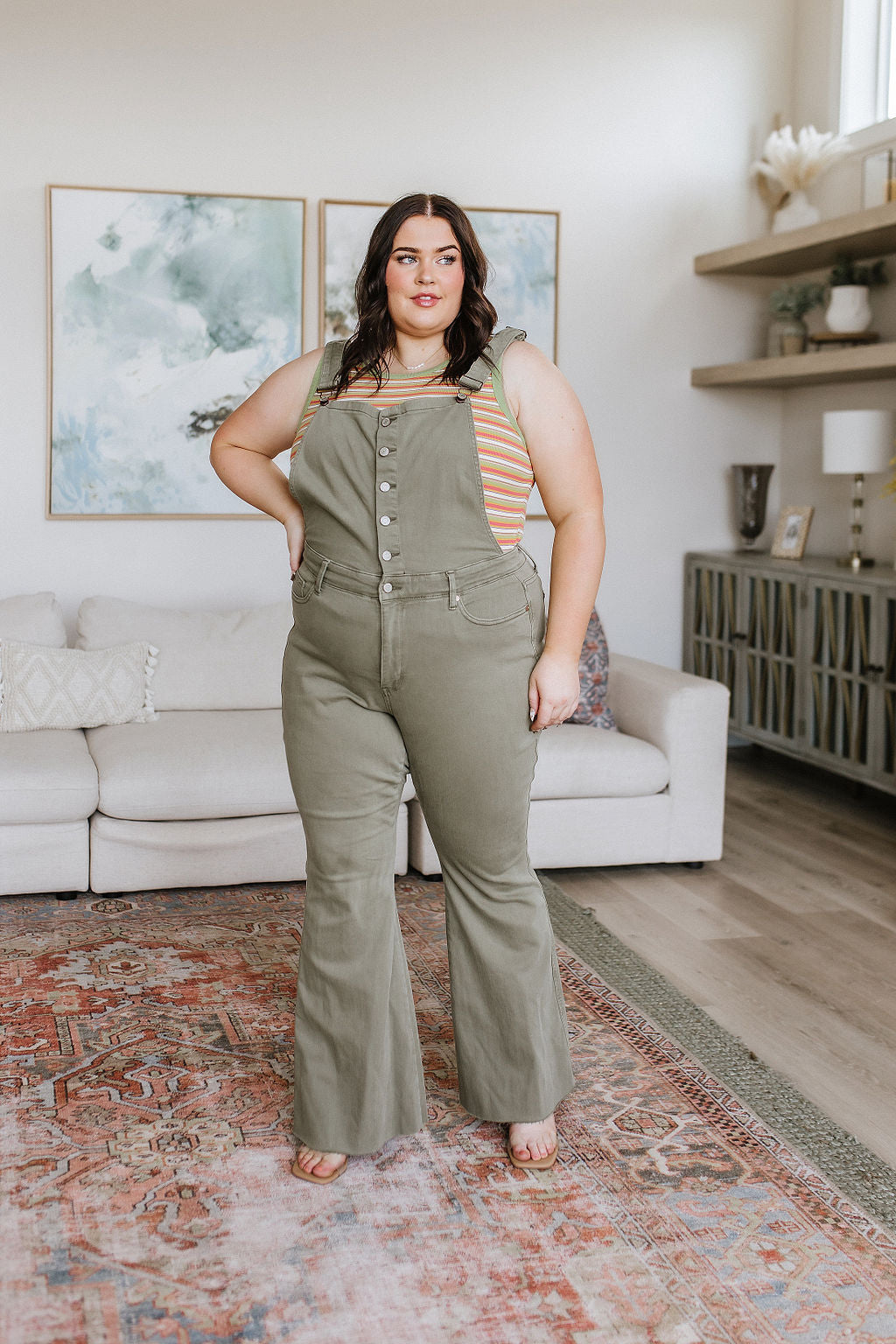 Olivia Control Top Release Hem Overalls in Olive