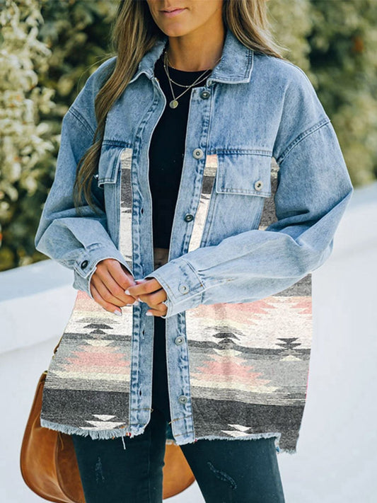 Collared Neck Dropped Shoulder Denim Jacket